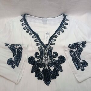 Chicos Gause Embellished Tunic Top Size 3 (16/18) V Neck 3/4 Sleeve White Lined